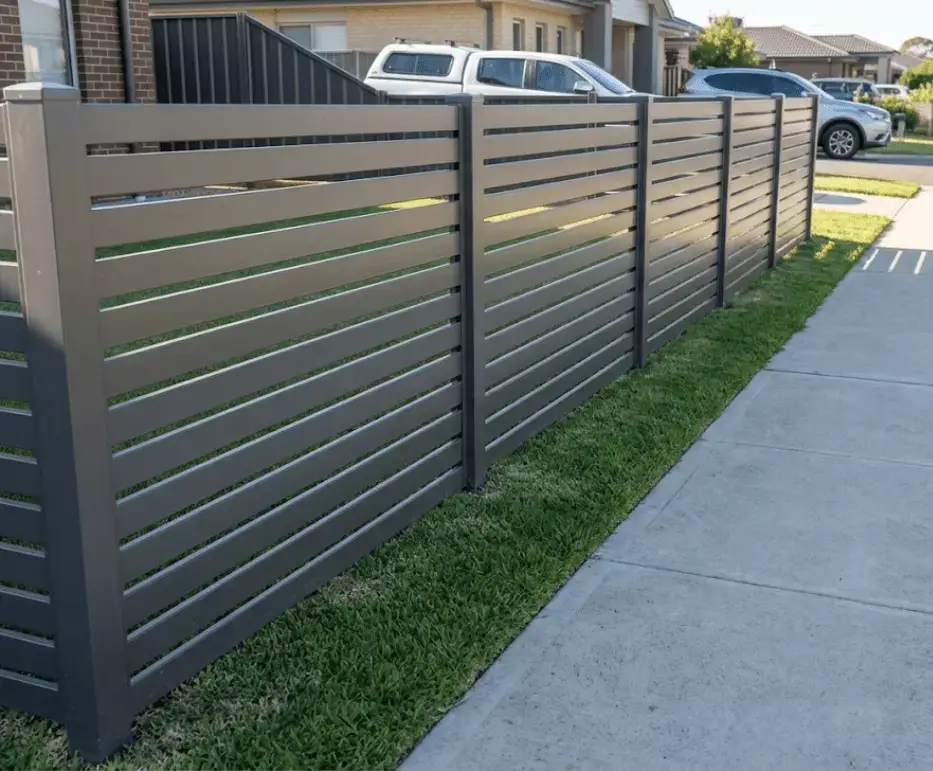 A grey aluminium slat fence running along the front yard of a residential property in Newcastle.