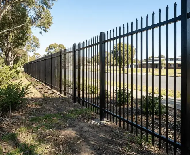 A tall black aluminium security fence with pointed tops along a property boundary in Newcastle