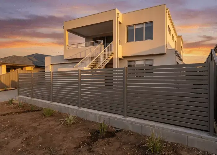 Grey aluminium slat fence along front yard in Newcastle